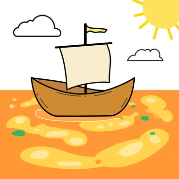 A small boat made out of garlic bread sailing on a soup sea
