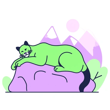 A cougar is resting on a large rock, its body curved comfortably. The animal has a sleek coat with distinct features and prominent whiskers, resting its head on its paws. The background features a gradient sky, transitioning from light to deeper shades as the sun sets. Silhouettes of distant mountains are visible, with the sun partially hidden behind them. The composition captures the tranquil moment, with soft lighting illuminating the cougar's form.