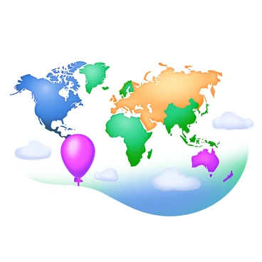 A world map featuring continents that are inflated and shaped like colorful balloons. Each continent is depicted in a distinct, vibrant color, such as blue for North America, green for South America, yellow for Africa, pink for Europe, orange for Asia, and purple for Australia. The ocean is illustrated in a soft pastel blue, providing contrast against the lively balloon-like continents. The continents are floating slightly above the map, casting soft shadows below, and small clouds are scattered around the scene to add a playful atmosphere.