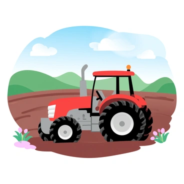 A bright red tractor parked in a freshly plowed field. The tractor has large, rugged wheels and a shiny metal body that reflects the sunlight. The field around it is rich brown, with freshly turned soil showing deep furrows. In the background, there are rolling green hills under a clear blue sky with a few fluffy white clouds scattered above. A small patch of wildflowers is visible near the edge of the field, adding a touch of color to the landscape.
