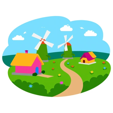 A quaint village featuring small, colorful houses with thatched roofs. Traditional windmills stand in the background, each with large white sails that are spinning gently in the wind. Green fields surround the village, dotted with vibrant flowers in various colors. A clear blue sky serves as a backdrop, with a few fluffy clouds drifting by. A dirt path winds through the village, leading toward the windmills. Small birds can be seen flying above, adding life to the scene.