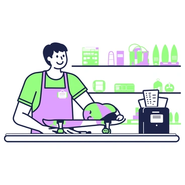 A friendly cashier is standing behind a checkout counter, smiling as they ring up a sale for a skateboard and accessories. The cashier is wearing a name tag and a colorful shirt. On the counter, there is a skateboard with a vibrant design, along with a helmet and knee pads placed neatly beside it. The background features shelves stocked with various sporting goods, including other skateboards and accessories. A receipt printer is visible, with a small stack of receipts ready for customers.