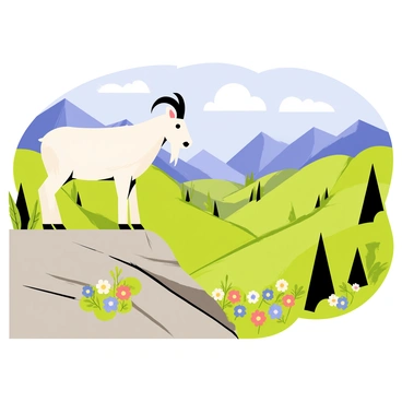 A mountain goat with white fur and curved horns stands on a rocky outcrop. The goat is gazing down into a lush green valley below, filled with vibrant trees and colorful wildflowers. The valley is bathed in sunlight, highlighting the various shades of green in the foliage. In the distance, rugged mountains frame the scene, creating a dramatic backdrop. The sky is clear with a few fluffy clouds scattered above.