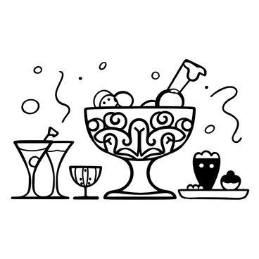 A punch bowl with intricate vintage designs sits prominently on a decorated table. The bowl is filled with a refreshing beverage, featuring slices of fruits floating on the surface. Surrounding the punch bowl are several elegant glasses, each with unique shapes and decorative patterns, waiting to be filled. A few small plates with snacks are arranged nearby, inviting guests to enjoy the offerings. Streamers and party decorations can be seen in the background, adding to the festive atmosphere.