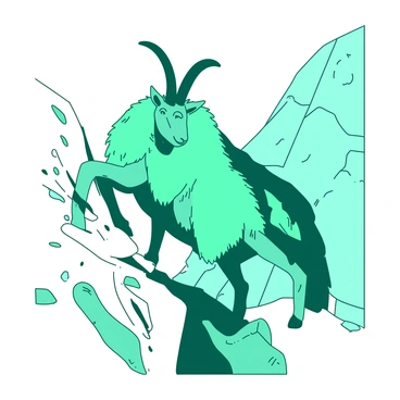 A teal mountain goat with a thick coat is skillfully navigating a steep rocky cliffside. The goat's strong, curved horns extend proudly from its head as it steadies itself on a narrow ledge. Surrounding the goat are jagged rocks with varying textures, showcasing the ruggedness of the cliff. In the background, there are hints of distant peaks, enhancing the sense of altitude and adventure in the scene. The goat's focused expression illustrates its determination as it finds its footing among the boulders.