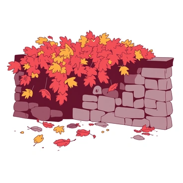 A stone wall is covered in a mix of vibrant red and orange autumn leaves. The leaves cling to the rough surface of the stones, creating a striking contrast. A soft breeze gently rustles the leaves, causing a few to detach and drift down to the ground. The ground is scattered with fallen leaves, adding to the colorful tapestry of autumn.