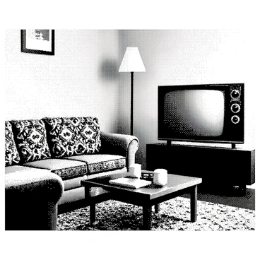 A cozy living room from the 1960s features vintage furniture arranged comfortably. A classic vintage TV set is positioned in the corner, showcasing its distinct design with knobs and a rounded screen. The walls are adorned with patterned wallpaper, displaying a repetitive geometric design that reflects the era's aesthetics. A plush sofa with a unique fabric pattern sits in front of the TV, accompanied by a small wooden coffee table. A floor lamp with a tall shade stands nearby, casting soft light across the room. An ornate rug is placed under the coffee table, adding warmth to the hardwood floor. Vintage decor items, such as framed photographs and ceramic vases, are scattered around, enhancing the nostalgic atmosphere.