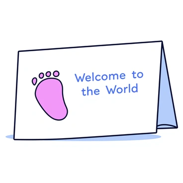 A white keepsake card placed flat on a surface. Tiny newborn footprints, with delicate toes, are stamped onto the card in light pink ink. The footprints are positioned at an angle, close to the top left corner of the card. Below the footprints, in a simple font, are the words "Welcome to the World" in soft blue text. The card has a smooth, glossy finish reflecting a subtle light.