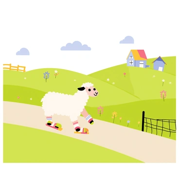 A fluffy white sheep wearing colorful roller skates is gliding down a gentle green hill. The sheep has a playful expression, with its ears flapping in the breeze as it moves. In the background, there are rolling hills dotted with patches of wildflowers in various colors, and a clear blue sky overhead with a few fluffy clouds. A wooden fence borders the hill, and a small farmhouse can be seen in the distance, adding to the charming countryside setting.