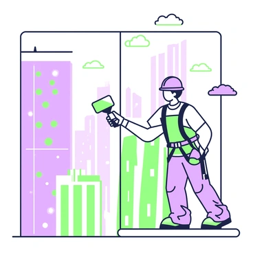 A worker is standing on a platform outside a large glass window of a skyscraper. The worker is wearing a safety harness and a hard hat, ensuring safety while performing the task. In the worker's right hand, there is a squeegee, which is being used to clean the glass. The window reflects the surrounding buildings, showing a bustling cityscape in the background. The worker's focused expression indicates concentration on the task at hand. The glass is partially clean, with visible streaks in contrast to the clear sections. A few clouds can be seen in the sky above, adding depth to the scene.