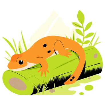 A bright orange fire salamander with black spots is resting on a mossy log. The log is textured with rich green moss, creating a lush contrast against the vibrant color of the salamander. Surrounding the log are small, delicate plants and a few scattered pebbles, adding to the natural environment. Sunlight filters through nearby leaves, casting soft light on the scene. The salamander's eyes are glossy and alert, emphasizing its presence in this tranquil woodland setting.