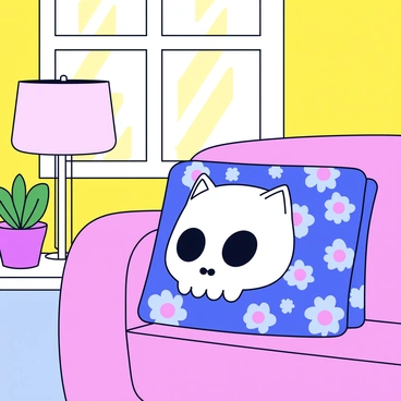 A cat skull is placed on a decorative pillow featuring a floral pattern. The pillow has a soft, plush texture and is situated in a stylish room with simple furniture. The background includes a small side table with a minimalistic lamp and a potted plant. Warm light filters into the room, creating a comfortable atmosphere.