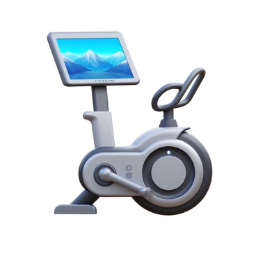 A futuristic exercise bike with a large interactive screen displaying a virtual ride