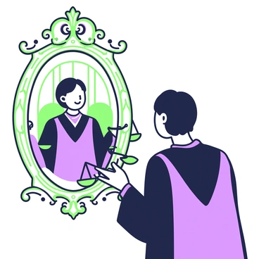 A judge in a black robe is standing in front of an ornate mirror. They are gazing into the mirror, where a reflection of themself is visible, but this reflection holds a set of scales in one hand. The judge has short hair and an expression of contemplation. The background includes a wooden courtroom setting with classic furnishings. The mirror’s frame is intricately designed, adding an element of grandeur to the scene. The scales in the reflection appear balanced, symbolizing justice.