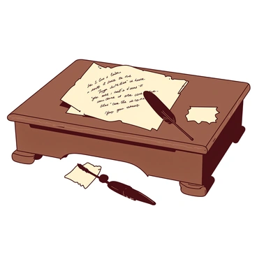 A brown vintage wooden desk is positioned in the center of the image. On top of the desk, there is an open cream-colored love letter with beautifully written cursive text visible. Beside the letter, a black quill pen rests elegantly, with a slight sheen reflecting the light. The desk surface is polished, showing intricate wood grain patterns, and there are a few scattered, aged parchment sheets around the letter, hinting at the romantic thoughts penned down.