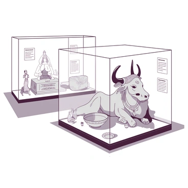 A white museum interior showcases a variety of ancient artifacts featuring intricate "Nandi" designs. Several artifacts are displayed in glass cases with soft, focused lighting highlighting their details. Among the pieces, there is a large, ornate statue of Nandi, the sacred bull, with elaborate carvings and a polished finish. Surrounding the statue, smaller artifacts, such as figurines and decorative plates, exhibit similar Nandi motifs. The floor is a subtle gray, enhancing the visual impact of the artifacts. Beside the display cases, there are informational plaques that provide descriptions of each piece, contributing to the educational atmosphere of the museum.