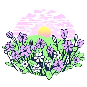 A sunset scene is visible beyond a bed of flowers. The flowers are densely packed and feature intricate details, with petals gently swaying in the evening breeze. In the distance, the sun is setting on the horizon, casting an array of warm light. The sky is filled with soft textures that transition from the sun to the surrounding atmosphere. The overall composition captures the serene interplay between the vibrant flowers in the foreground and the changing colors of the sky.