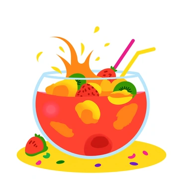 A large glass bowl filled with vibrant, multicolored fruit punch sits on a bright table. The punch is a mix of red, orange, yellow, and green hues, with chunks of fruit like oranges, strawberries, and kiwis floating on the surface. Brightly colored splashes and droplets burst dramatically from the bowl, creating an energetic arc in the air. Sunlight glints off the surface of the punch, highlighting its glossy texture. The surrounding area includes a few playful party decorations, such as colorful paper straws and confetti scattered on the table.