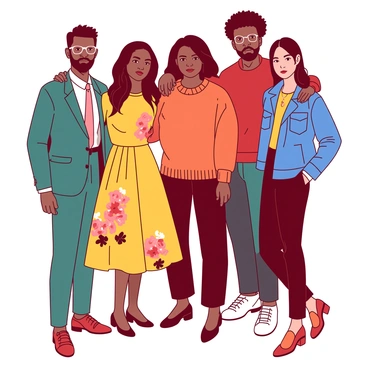 A red background features a diverse group of individuals standing together, showcasing various fashion styles. There are people of different sizes and backgrounds, each wearing distinct outfits that represent their unique fashion sense. One individual is dressed in a sleek teal suit, while another wears a vibrant yellow dress adorned with floral patterns. A person in an oversized orange sweater stands next to someone in a classic blue denim jacket paired with stylish black trousers. The group poses confidently, expressing a sense of camaraderie and celebration of fashion diversity.