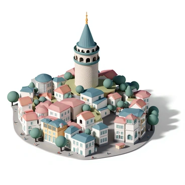 A bird's eye view showcasing "Galata Tower," an iconic stone structure with a conical roof, nestled in the vibrant cityscape of "Istanbul." The tower stands tall among an array of historical buildings, with narrow winding streets leading to it. Surrounding neighborhoods feature a mix of traditional and modern architecture, with colorful rooftops and lush green trees dotting the landscape. The view captures the bustling atmosphere of the area, with people walking on the streets and small cafes scattered around. A clear blue sky overhead enhances the lively scene below.