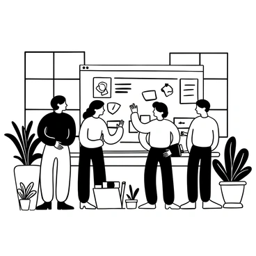 A group of adults standing around a large whiteboard filled with various diagrams and notes. They are engaged in discussion, with some individuals pointing at specific sections on the board. A table nearby holds scattered papers, pens, and a laptop. The office features large windows allowing natural light to flood the space, with modern furniture in the background. Various plants are positioned around the room, adding a touch of greenery to the environment.