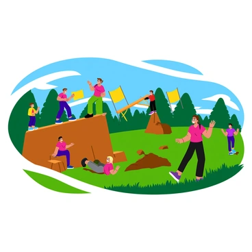 A group of participants in colorful athletic gear are navigating through a challenging obstacle course set in an outdoor environment. The course features various obstacles, such as a tall wall to climb, a muddy pit to crawl through, and a balance beam elevated above the ground. Each participant is focused and determined, showing expressions of concentration as they tackle the different challenges. Bright banners and flags are placed around the course, adding to the excitement of the race. Some participants are cheering for their teammates while others are captured in mid-action, climbing or jumping over the obstacles. The scene is filled with energy and movement, with trees and a clear blue sky in the background.