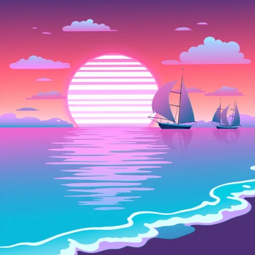 A vibrant sunset with bold oranges, pinks, and purples filling the sky. The sun appears as a large, glowing orb just above the horizon, casting radiant reflections on the surface of a peaceful ocean. Gentle waves ripple across the water, their crests highlighted by the colorful light. Silhouetted against the brilliant sky, distant sailboats can be seen gliding smoothly across the sea. Fluffy clouds scattered throughout the sky catch the sunset's hues, enhancing the overall vividness of the scene.