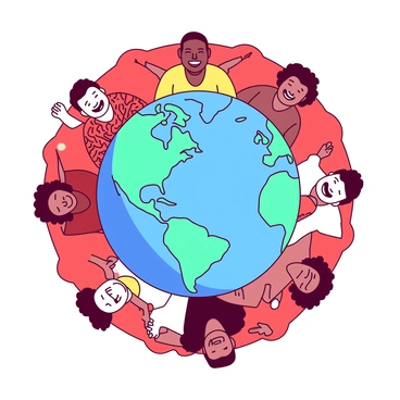A blue globe is centered in the image, depicting continents and oceans clearly. Surrounding the globe are people from various cultures, each dressed in traditional attire reflective of their heritage. The individuals are holding hands in a circle around the globe, showcasing unity and diversity. Each person has a joyful expression, symbolizing harmony. The background is a vibrant mix of red and yellow, enhancing the sense of togetherness and celebration.