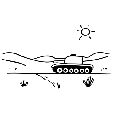 A lone tank moving across a vast desert landscape with rolling sand dunes. The tank is heavily armored with a prominent turret and tracks leaving tracks in the soft sand behind it. The sun is positioned high in the clear sky, casting sharp shadows and illuminating the grains of sand, making them appear like ripples. Sparse vegetation, such as small cacti and tufts of dried grass, is scattered across the landscape, emphasizing the isolation of the tank in the expansive environment.