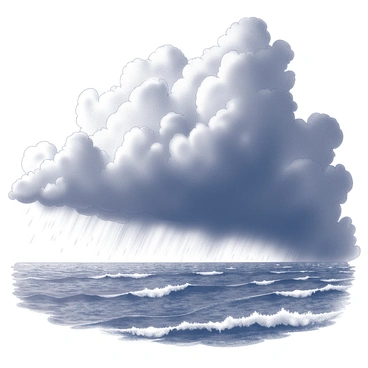 A vast ocean stretches beneath a turbulent sky. Dark, swirling clouds gather ominously above, appearing dense and heavy with moisture. The clouds are forming intricate shapes and patterns as they spiral, indicating the intensity of the storm. Sheets of rain begin to fall from the clouds, creating visible streaks against the darker backdrop. The surface of the ocean is choppy, with waves rising and crashing, reflecting the chaotic atmosphere above. A sense of movement and energy fills the scene, showcasing the power of nature as the storm develops.