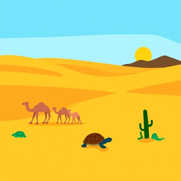 A vast desert landscape with rolling sand dunes stretching towards the horizon. A family of three camels, one adult and two calves, strolls across the golden sand, their shadows cast upon the ground. Nearby, a wise old tortoise with a textured shell rests on the warm sand, appearing thoughtful. The sun shines brightly in the clear blue sky, casting a warm glow over the entire scene. Small patches of green cacti add touches of color to the landscape, while distant mountains silhouette against the sky.