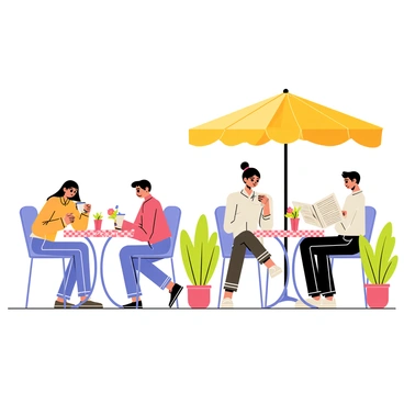 A charming outdoor cafe with small round tables made of wrought iron. Each table is adorned with a checked tablecloth and a small vase of colorful flowers. Patrons are seated at the tables, some sipping coffee from white mugs, while others are engrossed in reading newspapers. A large, bright umbrella provides shade over one of the tables, and potted plants are placed around the cafe, adding greenery to the scene. The sky is clear and blue, creating a pleasant atmosphere for the cafe setting.