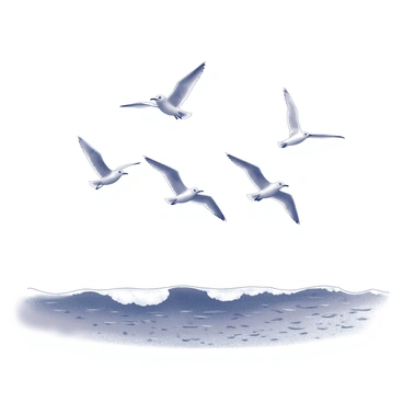A group of seagulls is flying gracefully above the ocean waves. Their wings are fully extended as they glide effortlessly through the air. The surface of the water is textured with small, rolling waves beneath them. The sky above is clear, creating a sense of vastness and openness.