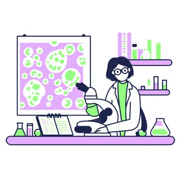 A scientist is standing at a laboratory bench, looking through a microscope. The scientist has glasses and is wearing a white lab coat, with short hair. There is a microscope in front of them, positioned over a slide that contains various cells. The cells on the slide are visible through the microscope lens, showcasing intricate shapes and sizes. The bench is cluttered with lab equipment, including test tubes and petri dishes. A notebook is open beside the scientist, filled with notes and sketches. The background features shelves filled with scientific books and additional lab tools.