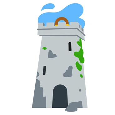 A tall defensive tower made of gray stone, featuring one side reinforced with large, sturdy stones and a wooden battlement on top. The fortified side has a series of narrow arrow slits for archers to shoot through. The other side of the tower is significantly damaged, with large chunks of stone missing and cracks running along its surface. Vines creep up the crumbling side, adding a touch of greenery. The sky overhead is clear blue, casting a bright light on the tower.