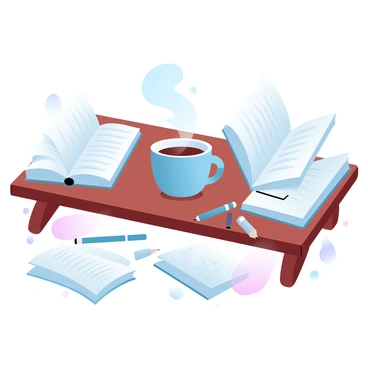 A wooden editor's desk is covered with several open books, their pages slightly curled. Notebooks lie scattered around, some with handwritten notes and sketches visible. A steaming cup of coffee sits prominently on the desk, with wisps of steam gently rising above it. A few pens and pencils are arranged haphazardly next to the notebooks. The scene is filled with a sense of creativity and productivity.