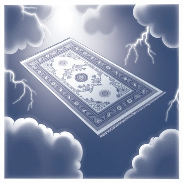 A flying rug is depicted soaring high in the sky amidst a thunderstorm. The rug features intricate patterns and designs that flow as it moves through the air. Dark, thick clouds surround the rug, with bolts of lightning illuminating the scene. Rain can be seen pouring down, creating a dynamic contrast against the dark backdrop. The rug is tilted, showing its movement and speed as it navigates through the tumultuous weather.