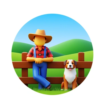 A farmer in a plaid shirt and wide-brimmed hat is leaning on a wooden fence. The farmer has rugged hands and weathered skin, showing signs of a life spent outdoors. Beside him sits a sheepdog with a thick coat, watching intently. The dog has a focused expression, alert and ready for action. The landscape includes rolling green hills and a clear blue sky in the background.