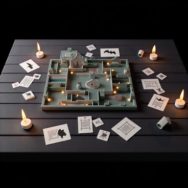 A vampire-themed board game displayed on a dark wooden table. The game board features a spooky mansion layout, with intricate designs of candlelit rooms and shadowy corridors. In the center of the board, there are several player pieces shaped like vampires, each with distinct, detailed features. Surrounding the board are scattered game cards featuring eerie illustrations of bats, blood potions, and ancient scrolls. Flickering candles are placed around the edges of the table, casting soft shadows and enhancing the ominous atmosphere of the game.