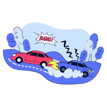 A high-speed car chase scene unfolds on a winding road. Two sleek sports cars, one red and one blue, are speeding closely together, leaving a cloud of dust behind them. The red car has its headlights on, illuminating the road ahead. Suddenly, a loud "BANG!" echoes as the rear tire of the blue car blows out, causing the car to swerve to the side. Debris from the tire flies into the air, creating a dramatic moment in the chase. The background shows blurred trees and a clear blue sky, emphasizing the speed of the cars.