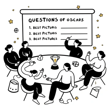 A gathering space filled with guests seated around tables, some holding papers and pencils. A large screen displays questions related to the Oscars, with phrases like "Best Picture" and "Best Director" prominently shown. Guests are animatedly discussing answers while a few point towards the screen. Decor elements include golden star decorations and film reels scattered on the tables. A small trophy sits as a centerpiece on one table, adding to the themed atmosphere.
