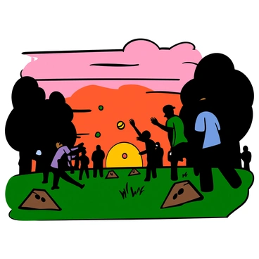 A cornhole tournament taking place at sunset with players silhouetted. The scene features several players in profile, throwing bean bags toward cornhole boards. The sky is filled with vibrant colors of orange, pink, and purple as the sun sets on the horizon. In the background, silhouettes of trees can be seen framing the tournament area, and the ground is covered in grass. Some spectators are watching the action, also depicted as silhouettes against the colorful sky.