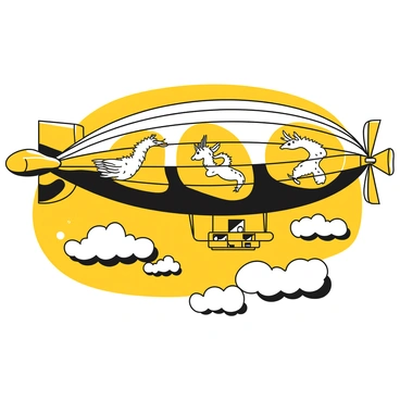 An airship soaring through the sky, featuring large murals on its side. The murals depict various mythical creatures such as dragons, griffins, and unicorns, intricately designed with detailed patterns. The airship has a sleek, elongated shape, with a large envelope and a sturdy gondola beneath. Below the airship, fluffy clouds scatter across the sky, adding depth to the scene. The propellers are rotating gently, indicating movement through the air.