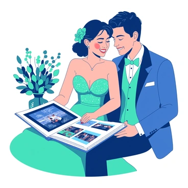 A teal bride in a sparkling gown is sitting next to a blue groom in a tailored suit. They are flipping through a large white wedding photo album on their laps. The album is open to a page filled with vibrant images of their joyful wedding moments, showcasing smiling guests and beautiful decorations. Soft natural light is illuminating their faces, highlighting their expressions of happiness as they reminisce. The background features a tastefully decorated room with floral arrangements in shades of teal and blue.