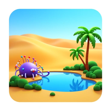 A beholder with an array of colorful eyestalks is resting near a tranquil oasis. The oasis is surrounded by lush greenery and a shimmering pool of clear water. The vast desert surrounds the oasis, with rolling sand dunes in the background under a bright blue sky. The beholder's round body is textured, showcasing its unique features. It has a calm expression as it observes the peaceful scenery. Palm trees sway gently in the warm breeze, completing the serene desert landscape.
