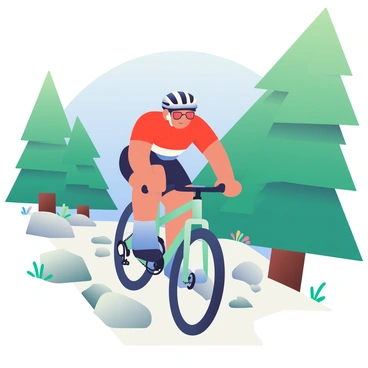 A cyclist with a helmet and sunglasses is riding a mountain bike down a steep, rocky trail. The cyclist is wearing a bright red jersey and black shorts, and their focused expression shows determination. The trail is surrounded by tall pine trees, and there are patches of grass and wildflowers along the sides. The rocks on the trail are varied in size and color, ranging from gray to brown. In the background, a clear blue sky can be seen, contrasting with the green of the trees. The cyclist is positioned in a dynamic pose, leaning forward as they navigate the descent.