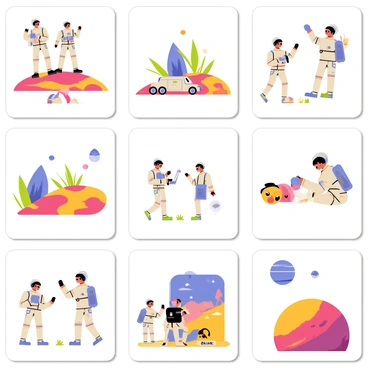 A board featuring eight illustrations of astronauts exploring a distant planet. Each illustration shows a different aspect of their journey. The first illustration shows two astronauts stepping onto the planet's surface, which is covered in red and orange rocks. The second illustration depicts an astronaut collecting samples from a vibrant blue plant. The third image captures a group of astronauts examining a large, glowing crystal. The fourth illustration features a rover vehicle parked nearby, with tools and equipment scattered around. The fifth image shows an astronaut taking photographs of strange, floating orbs in the sky. The sixth illustration depicts a small, alien creature curiously approaching the astronauts. The seventh image shows the teamwork of astronauts working together to set up a habitat module. The final illustration captures a wide shot of the planet's colorful landscape, with the astronauts silhouetted against a setting sun on the horizon.