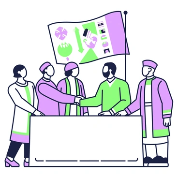 A group of leaders from various cultures is standing around a large table. Each leader is dressed in traditional attire representative of their culture. They are engaged in a handshake, symbolizing unity and cooperation, with expressions of determination on their faces. A peace agreement document is placed on the table in front of them, clearly visible. In the background, a large flag displaying various cultural symbols hangs prominently, contributing to the atmosphere of solidarity. The scene captures the essence of collaboration and mutual respect among diverse leaders.