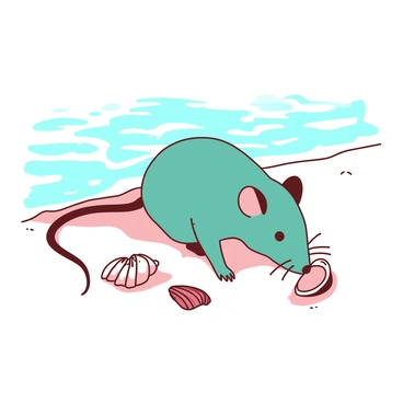 A teal shrew is curiously exploring a sandy beach, its small body partially hidden among various seashells scattered across the light-colored sand. The gentle waves are lapping at the shore, creating a soothing rhythmic pattern in the background. The shrew is sniffing one of the seashells, its tiny paws delicately positioned on the sand. In the distance, a few more seashells can be seen glistening in the sunlight as the waves retreat.