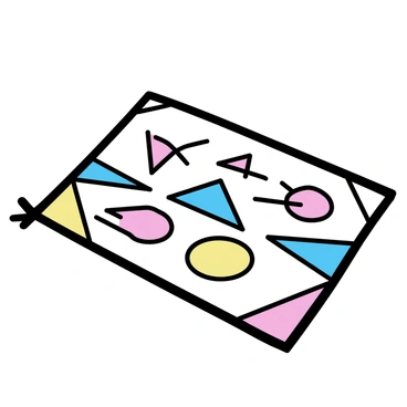 A beach towel, rectangular in shape, is displayed flat on the sand. The towel features a pattern of bold geometric shapes, including triangles, squares, and circles. The shapes are filled with contrasting colors like bright blue, vibrant red, and sunny yellow. The background of the towel is a soft white, allowing the geometric patterns to stand out prominently.